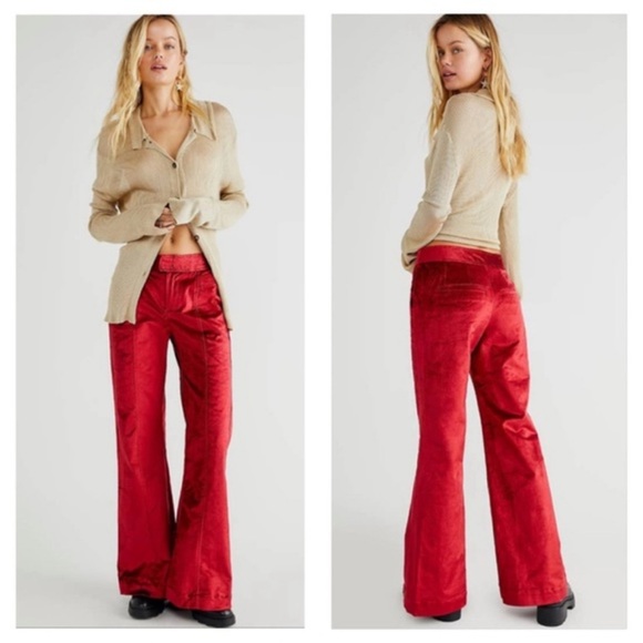 Free People 'Walk With You' Red Velvet Pants / Trousers NWT in Cherry Juice Sz 4 - Picture 3 of 9
